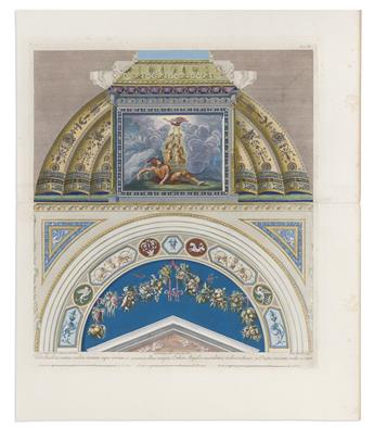 (VATICAN FRESCOES.) Giovanni Ottaviani; after Raphael. 2 large hand-colored engraved plates picturing Raphaels loggia at the Vatican.